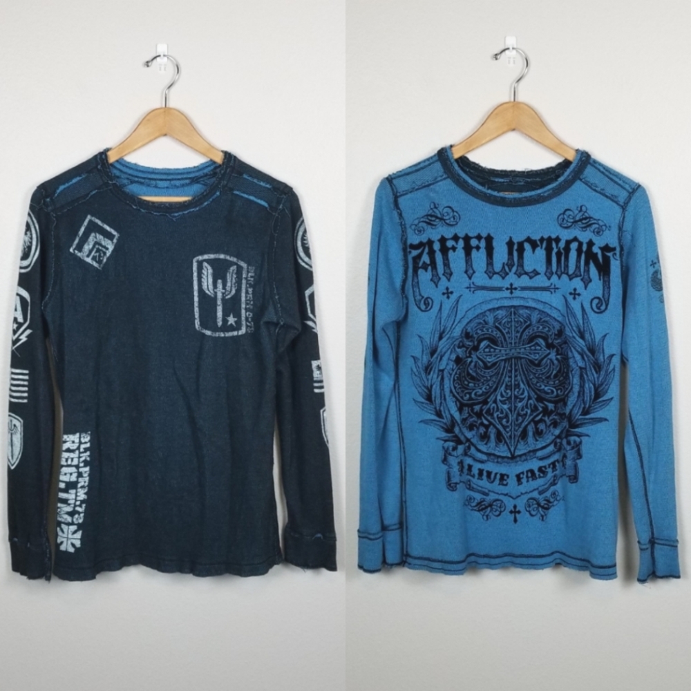 Affliction Reversible Blue Front and Back Graphic Distressed Thermal Shirt Sz M